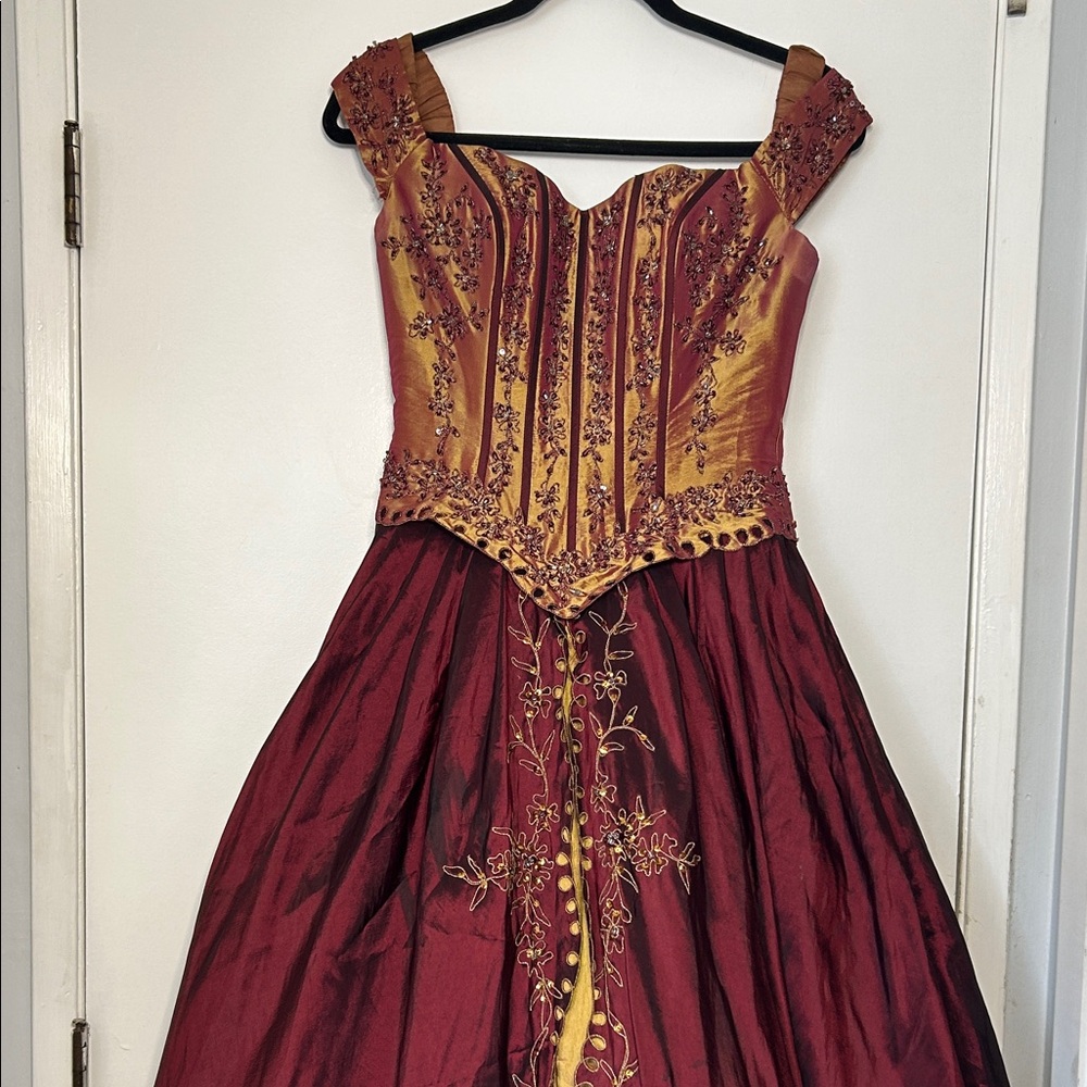 Burgundy and Gold Embroidered Corset Gown Prom Sweet 16 Quincenera Dress Shawl